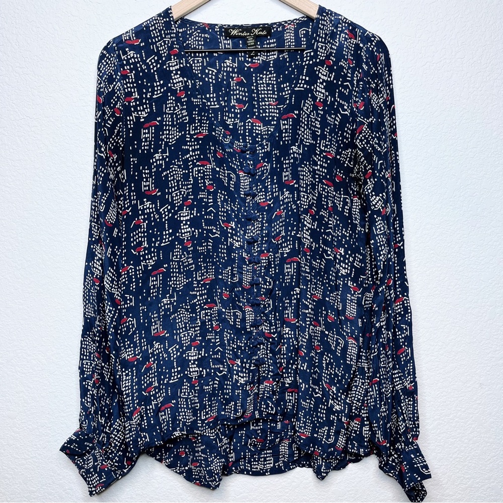 Winter Kale Anthropologie Women Top Large 100% Vintage Silk Art to Wear Artsy